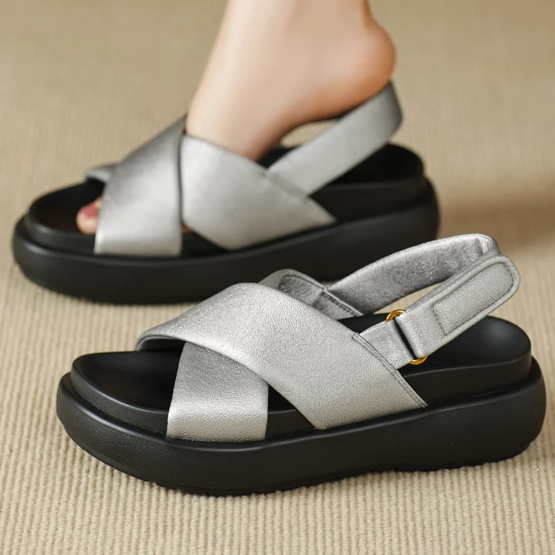 Sandali da donna con plateau e suola spessa con cinturino incrociato a fascia stretta in vera pelle da donna, scarpe da spiaggia casual con cinturino alla caviglia e punta aperta