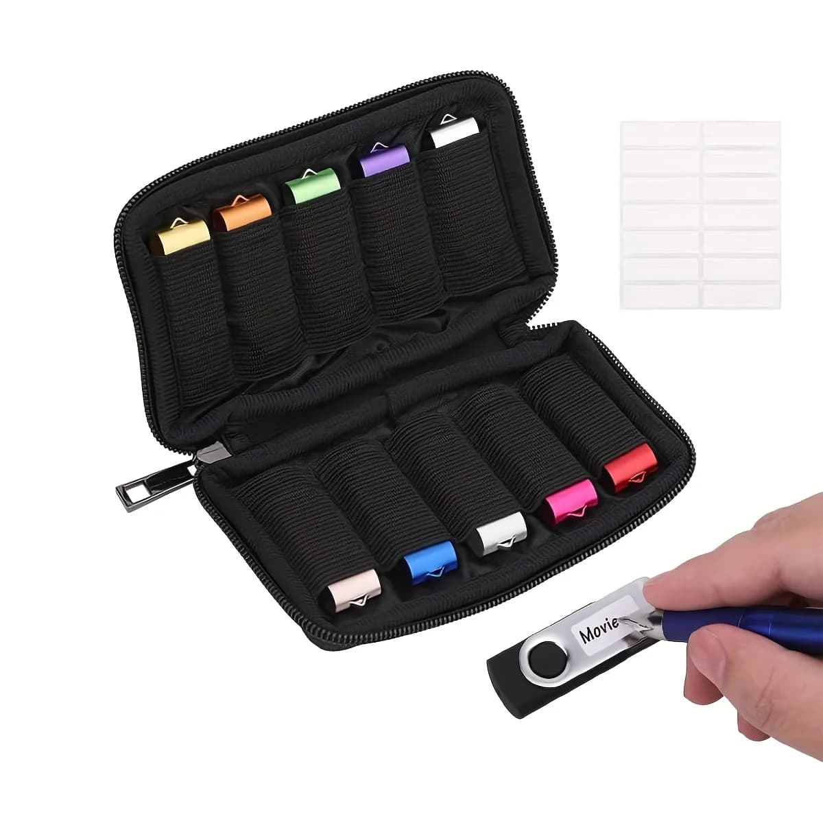 USB Flash Drive Case 10 Slots Hard Shell Portable Shockproof Organizer for Pen Drive Thumb Drive Memory Stick with Label Sticker
