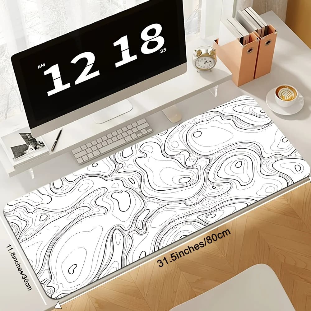 Tappetino per Mouse Topografico Bianco, Tappetino da Scrivania per Gaming con Bordi Cuciti Base in Gomma Antiscivolo Tappetino XXL Esteso