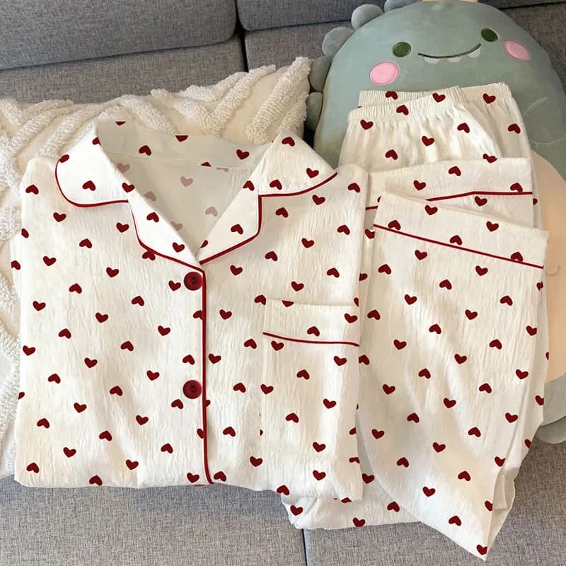 New spring and autumn women's pyjamas set Love Cardigan Pigiama in creamy fabric Long sleeved pyjamas