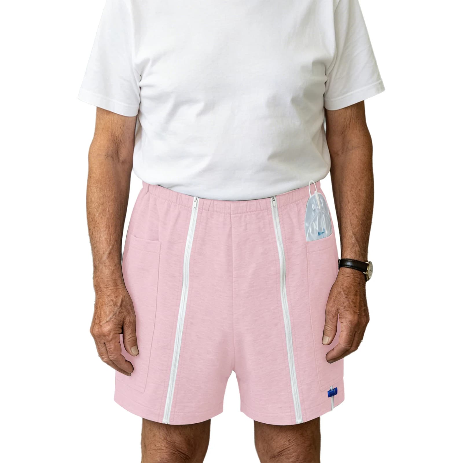 Pantaloncini da uomo per sacca nefrostomica con elastico in vita, tasche laterali con cerniera, facili da indossare, intimo adattivo per la cura della sacca urinaria, pantaloncini da ciclismo