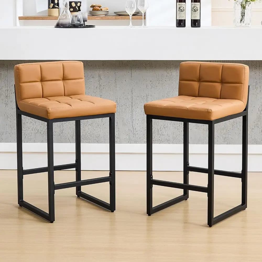 Set di 2 Sgabelli da Bancone in Pelle con Schienale Basso e Poggiapiedi, Sedie Imbottite per Isola Cucina, Altezza Bancone 26 Pollici
