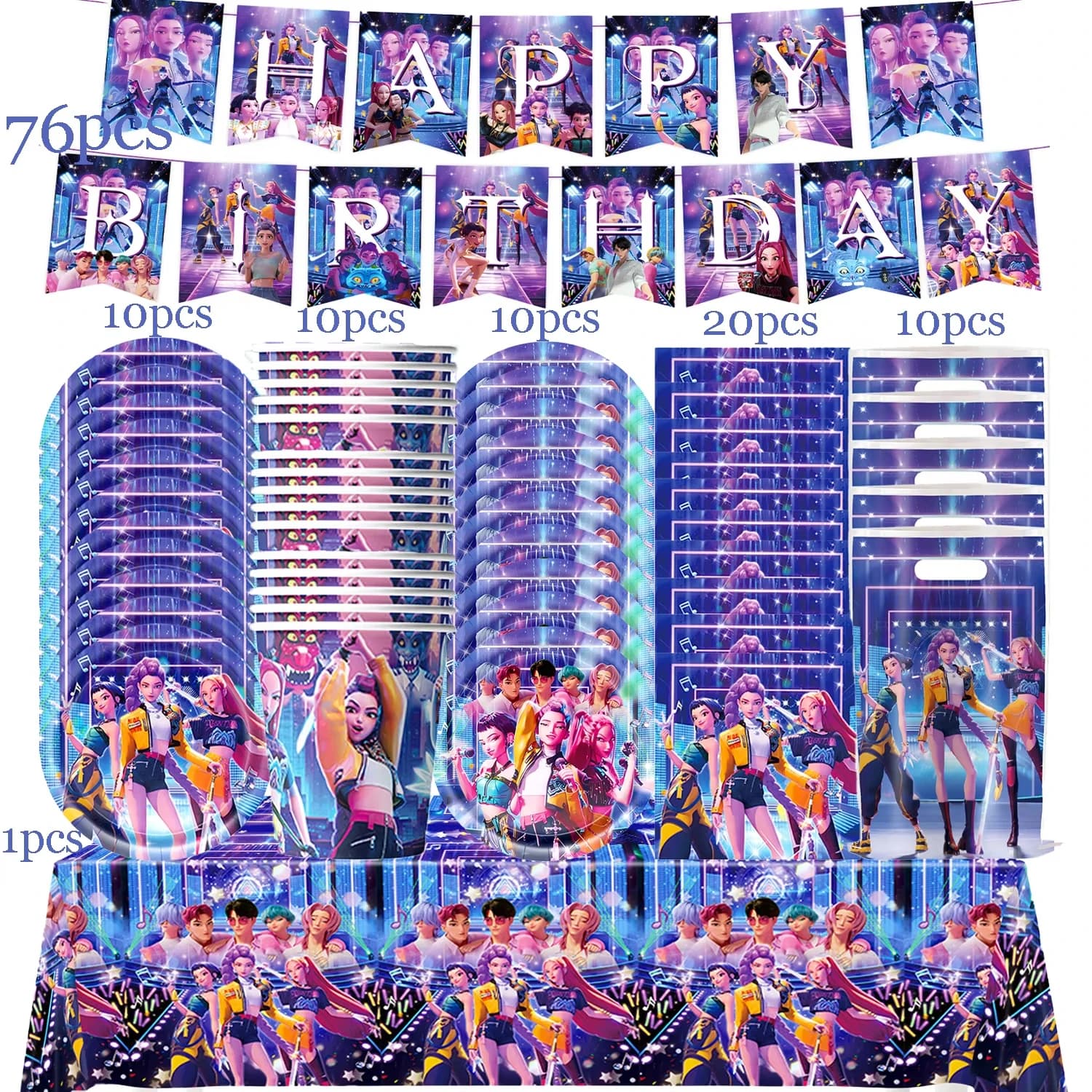 Set Decorazioni Compleanno De-mons Hunte: Piatti, Bicchieri, Striscione, Sacchetti Regalo, Palloncini per Ragazze, Forniture per Feste K-pop e Anime