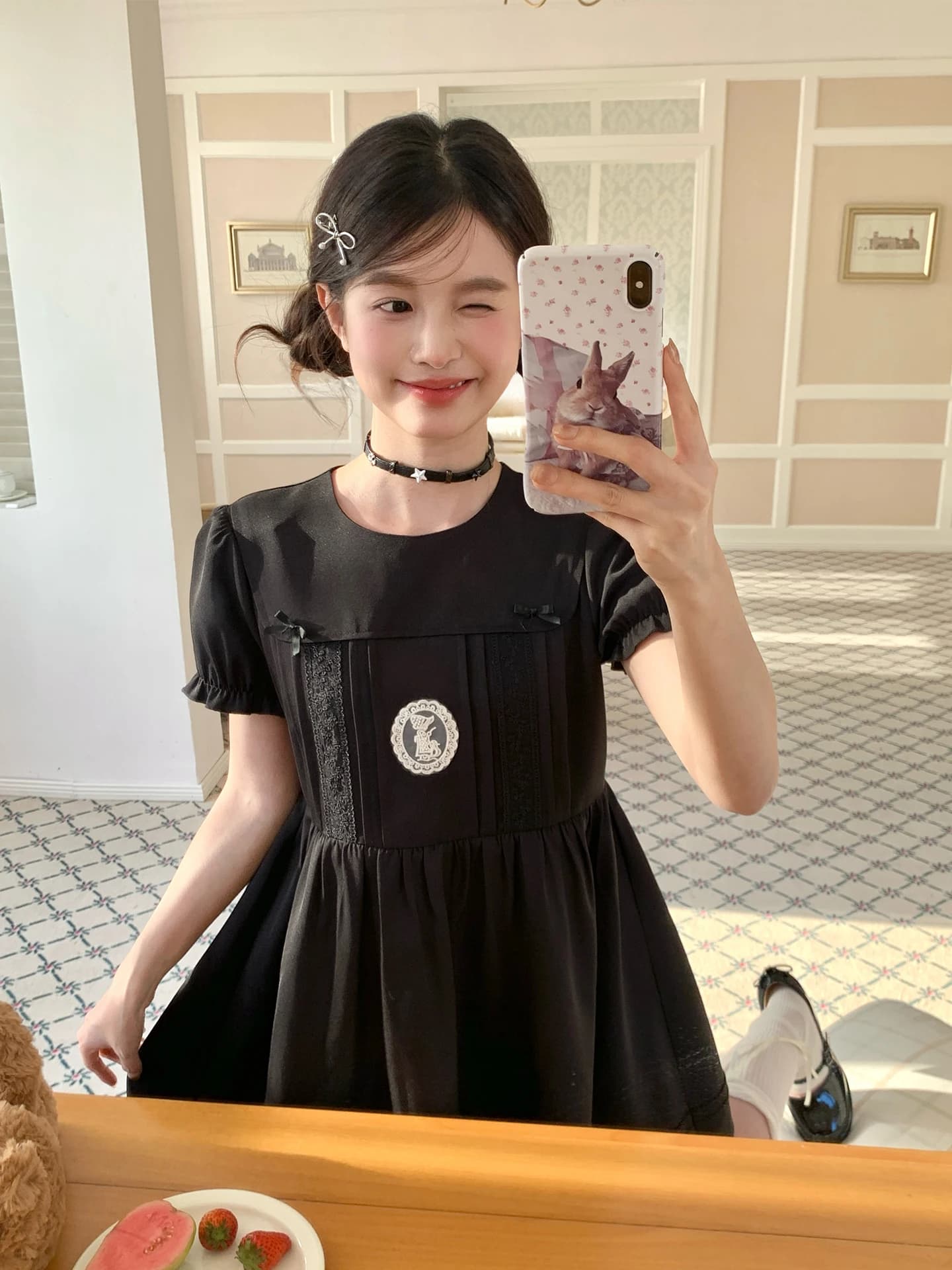 Abito estivo da donna in pizzo nero dal design originale Tokyo Annual Record, stile dolce e fresco, in fibra di poliestere a maniche corte