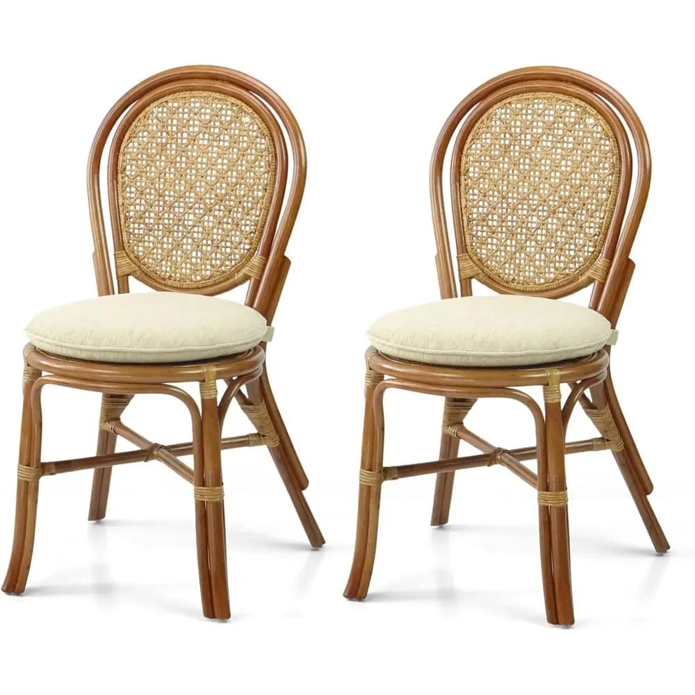 Handcrafted Wicker Side Chair with Cream Cushion in Natural Rattan and Colonial Color