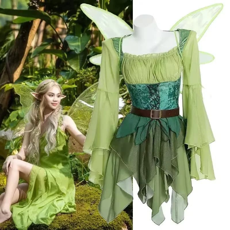 Costume da Elfo Anime Medievale, Abito da Fata Verde con Cintura e Ali, Costume per Cosplay di Halloween, Costume da Elfo per Giochi di Ruolo