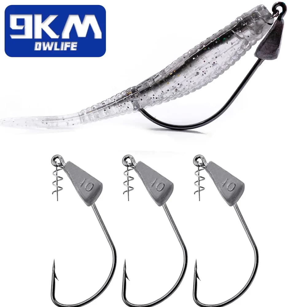9KM 5-10Pcs Weighted Weedless Jig Head Hooks with Spring Lock, Soft Lure Fishing Hooks for Bass Saltwater Freshwater