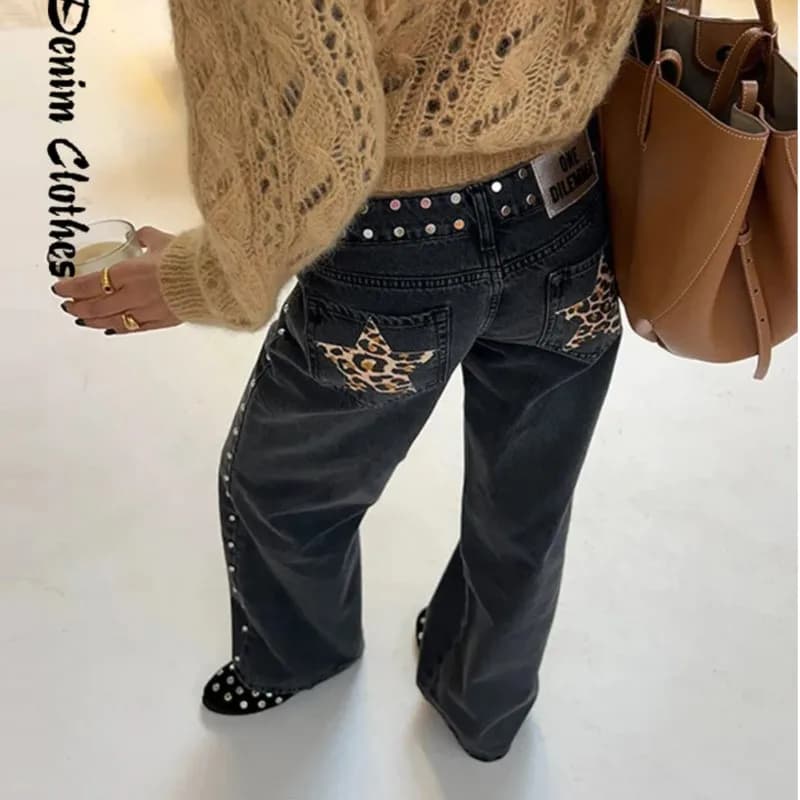 Jeans a gamba larga a vita alta con toppe a stella Y2K Pantaloni in denim vintage Jeans larghi alla moda casual con taglio dritto da donna