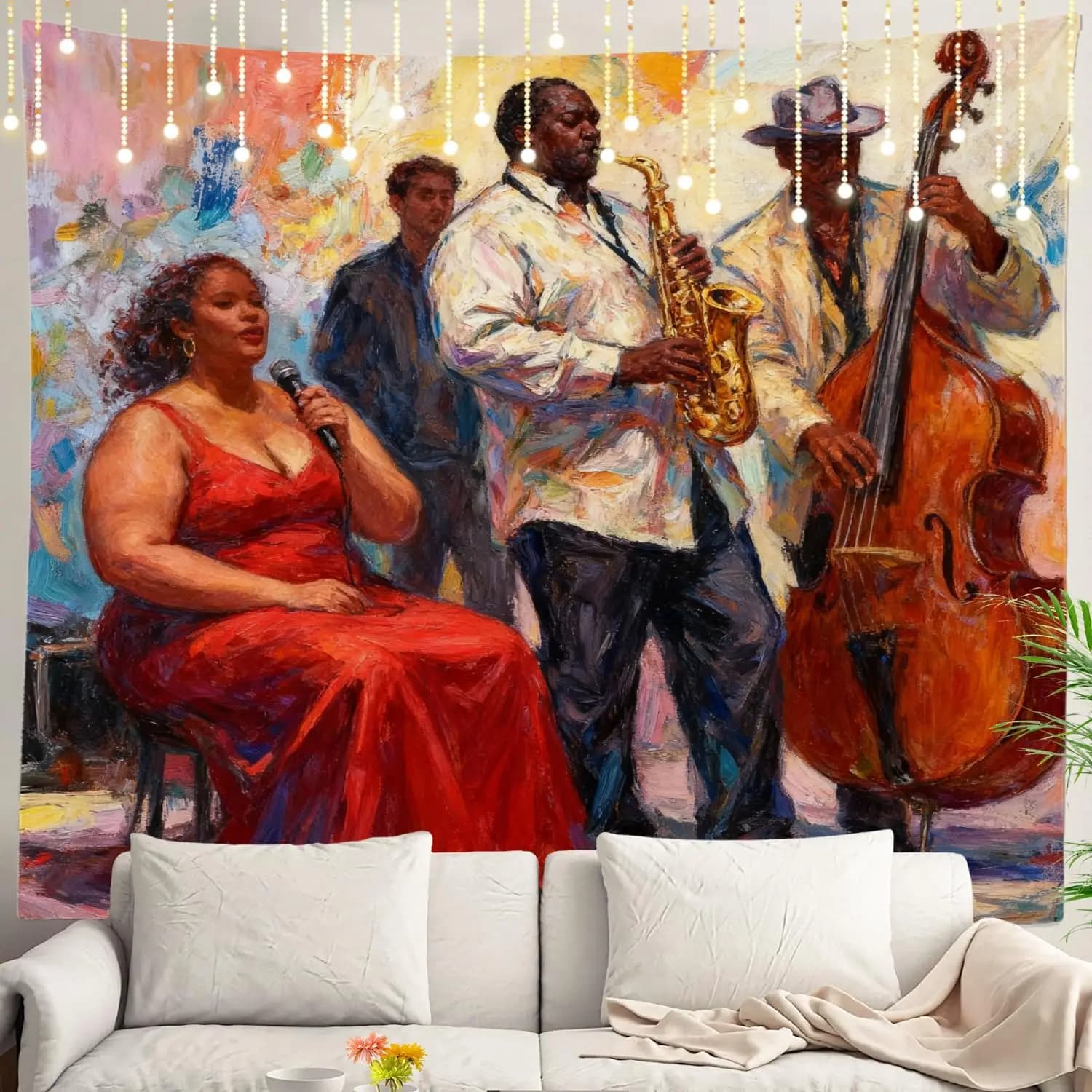 Vibrant Jazz Musicians Tapestry Wall Hanging Decoration Art for Living Room Home Decor Music Lovers Bohemian Gift Print