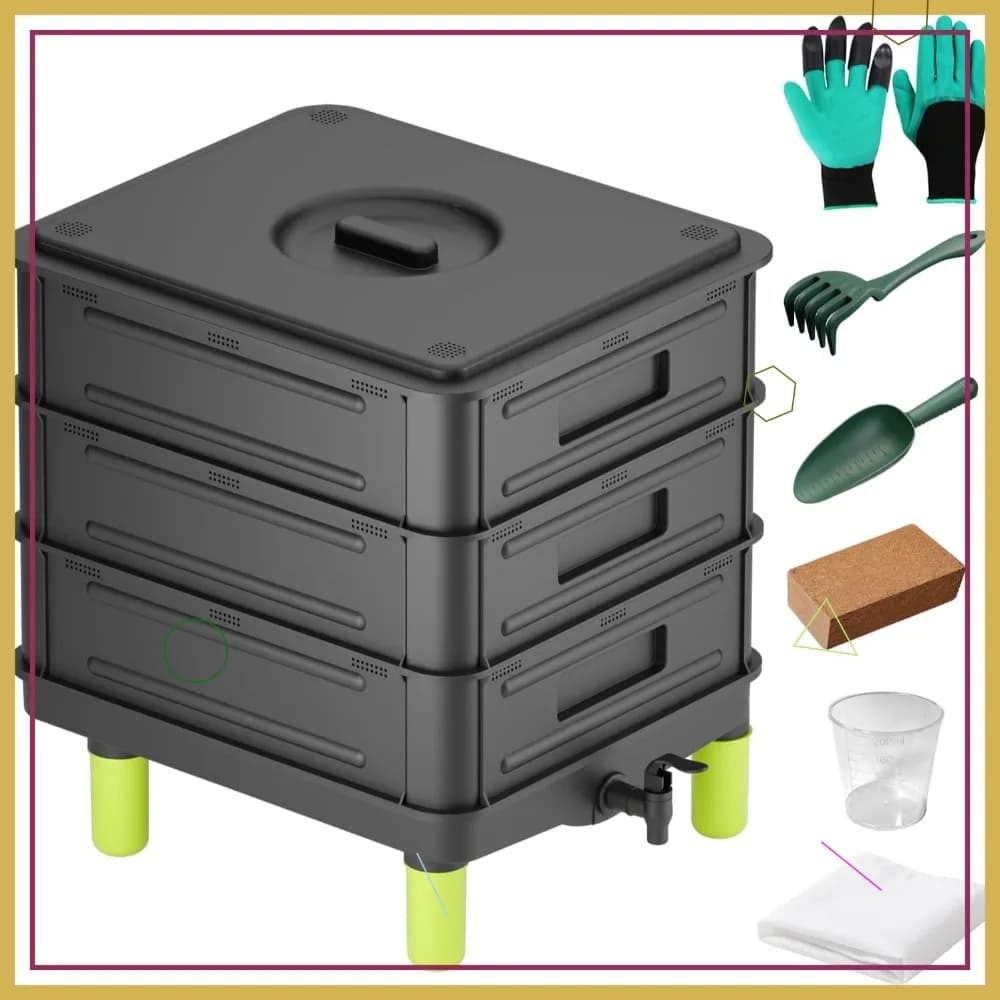 Composter per Vermicompostaggio a 3 Strati da 50L per Interni ed Esterni, Kit di Avvio per Vermicompostaggio, Contenitore per Compostaggio da Giardino per Rifiuti Alimentari (Nero)