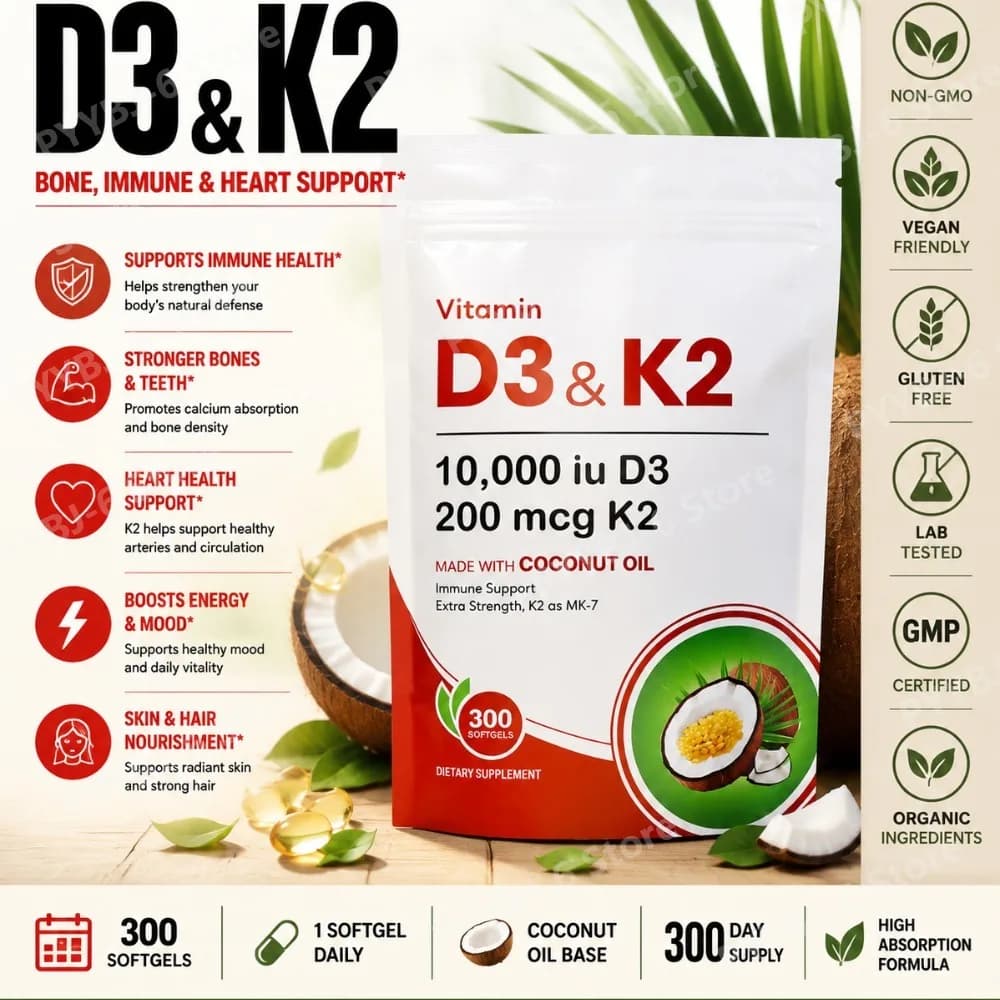 Vitamin D3 K2 Supplement 10,000 IU D3 200mcg K2 MK7 with Coconut Oil High Absorption Softgels for Bone & Immune Support 300Count