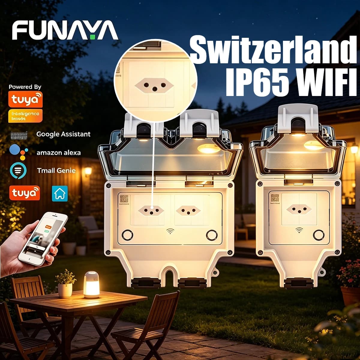 Presa Intelligente WiFi da Esterno FUNAYA Svizzera, Impermeabile IP66, Presa a Muro con Timer per Elettrodomestici