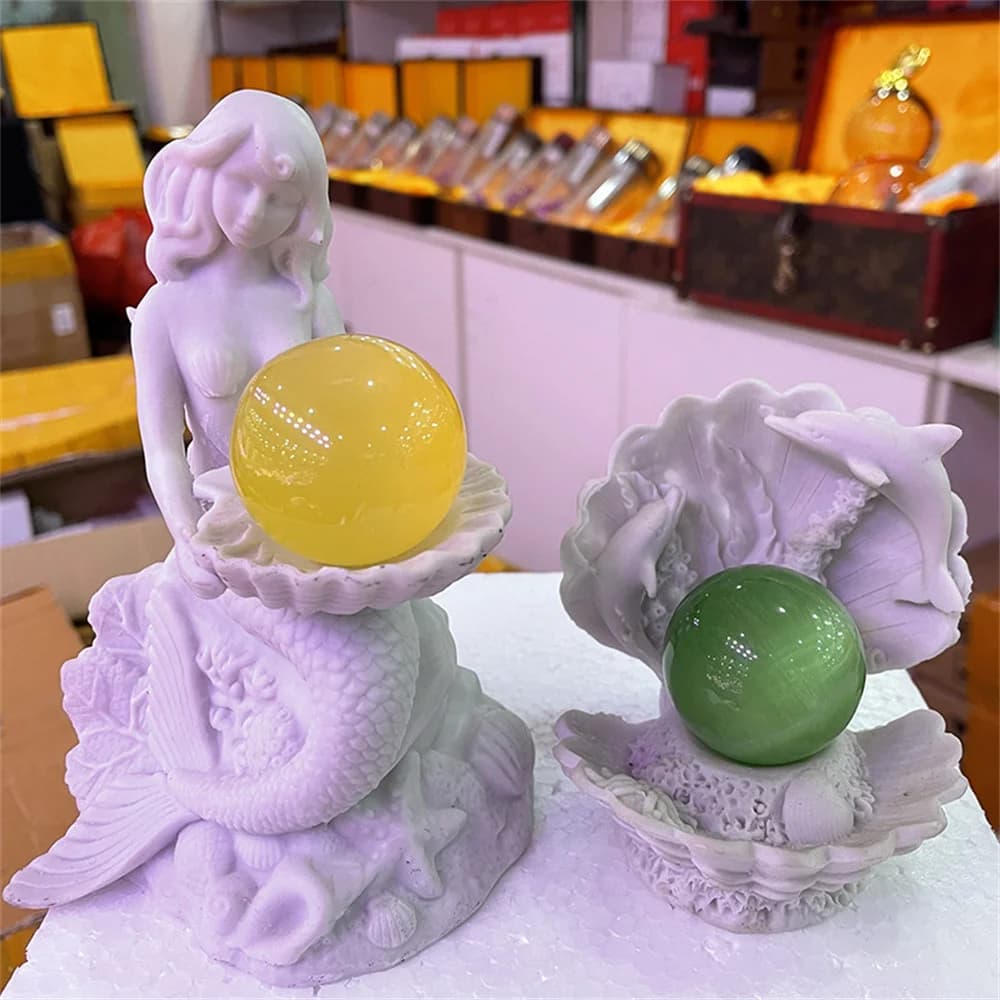 Sirena Delfino Perla Conchiglia Sfera di cristallo Base in resina Sfera magica Espositore Decorazioni per la casa Ornamenti Piedistallo