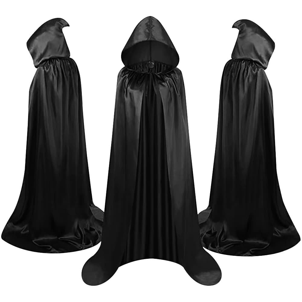 Mantello di Halloween Morbido unisex con cappuccio Abito nero Mantello lungo da strega Costume cosplay Prop Forniture per spettacoli per feste Decorazione natalizia