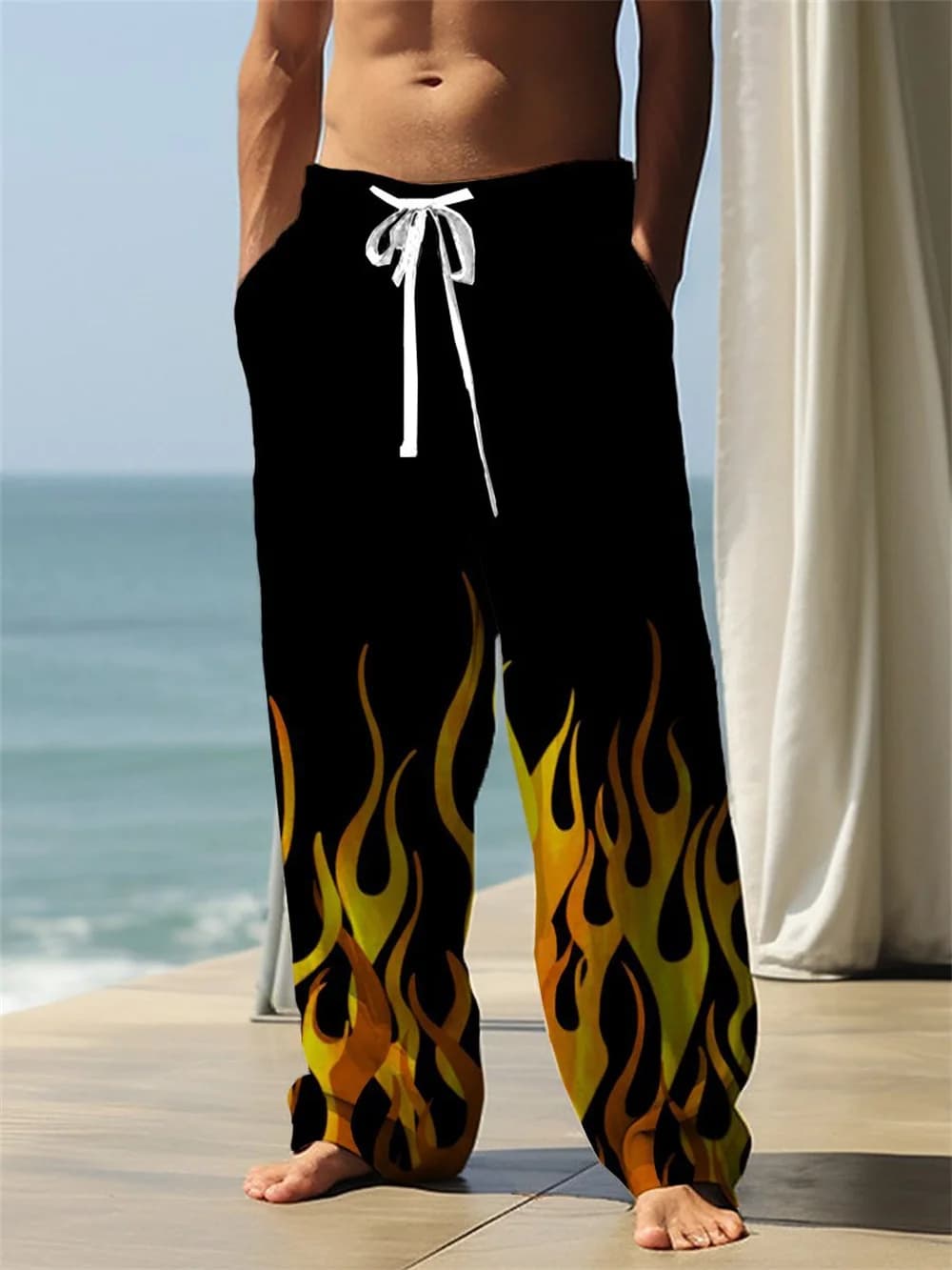 Four seasons Korean version men's trousers with drawstring wearing trendy wide pants with 3D print