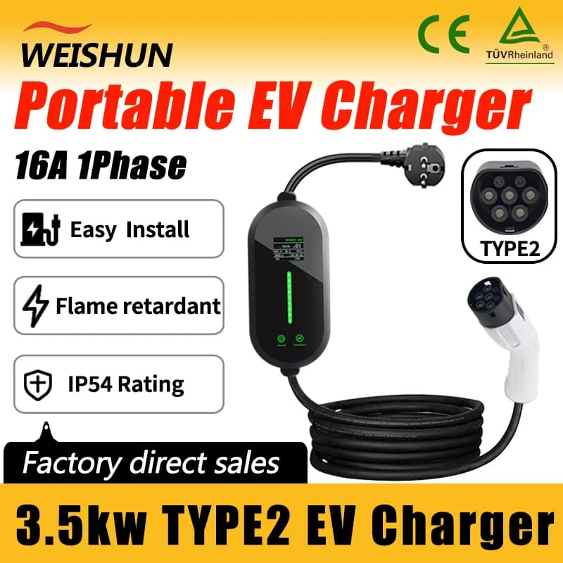 16A 3.5KW 1 fase Type2 EV Caricatore portatile Type2 Caricatore per veicoli elettrici Corrente regolabile EVSE Scatola di ricarica