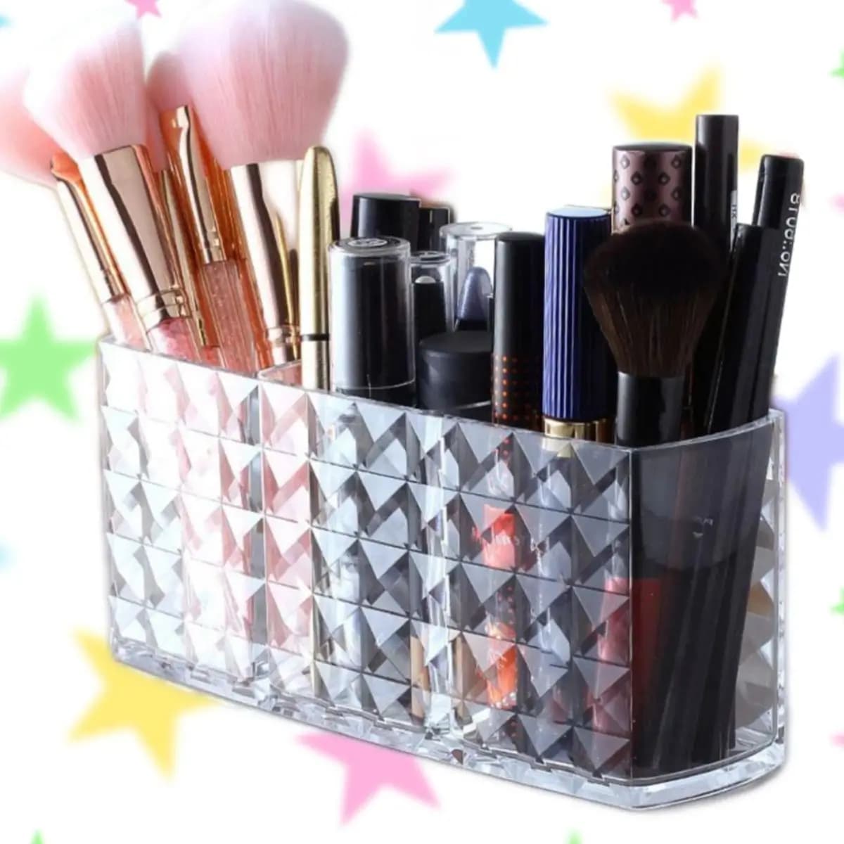 Acrylic Cosmetics Container with Diamond Pattern-3 Grid Pen holder Grid pencil for eyebrows and makeup brush organizer Transparent