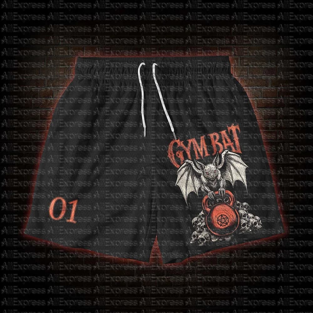 Gothic Style Bat Skeleton Kettlebell 3D Printed Mesh Shorts, Loose Fit Men's and Women's Sports and Fitness Shorts