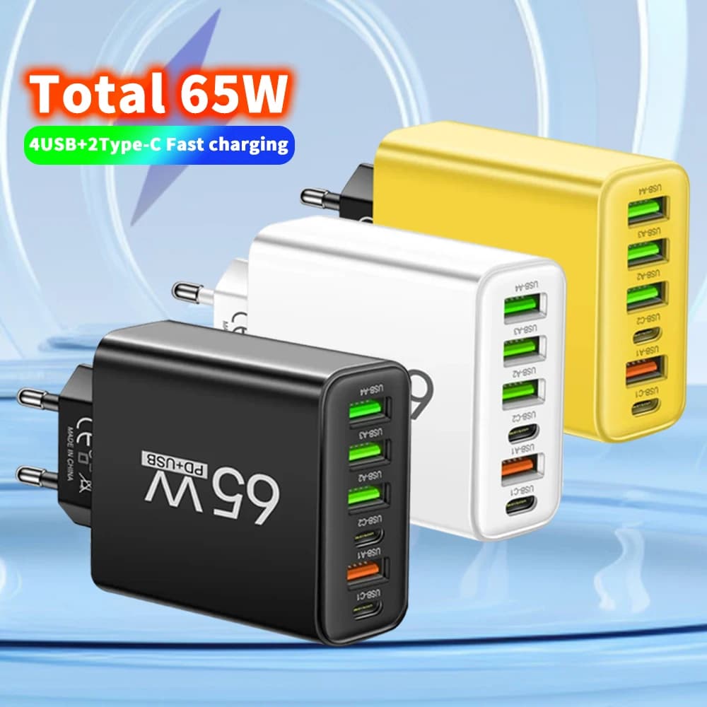 Total 65W USB Type C Fast Charging Charger Multi Ports Wall Power Adapter Quick Charge For iPhone Samsung Huawei Xiaomi Oneplus
