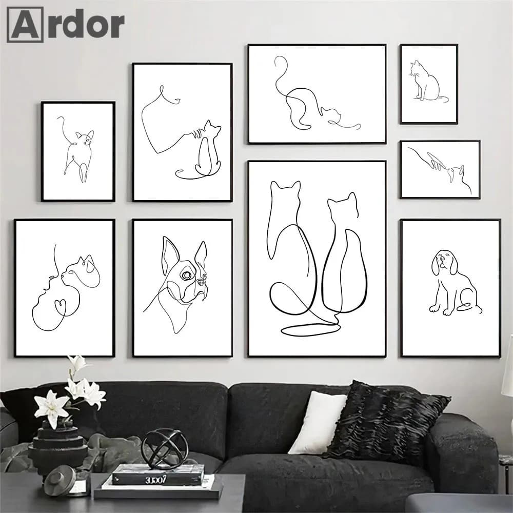 Astratta Pet Dog Cat Poster Tela Pittura Disegno a tratteggio Poster da parete Nero Bianco Stampe d'arte minimalista Immagine nordica Decorazioni per la casa