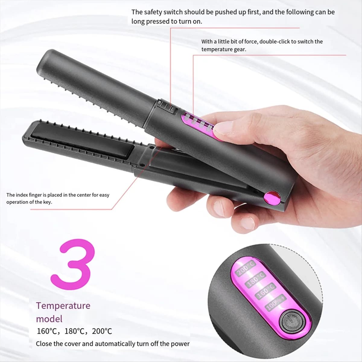 A94Z battery hair plate, iron 2 in 1, portable with 5000 mAh USB-C rechargeable battery, grey ceramic plate