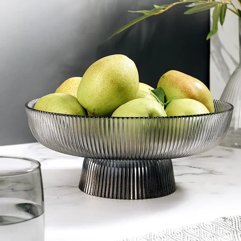 Ciotola di frutta in vetro con piedi Vassoio portaoggetti alto a strisce Decorazione del soggiorno della casa Vassoio creativo per frutta secca Vassoio per snack