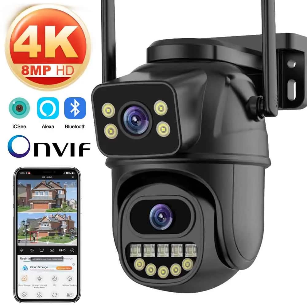 Telecamera di sorveglianza WiFi 4K 8MP, doppia lente, zoom digitale 4X, rilevamento umano AI, ONVIF, telecamere IP PTZ di sicurezza esterna,