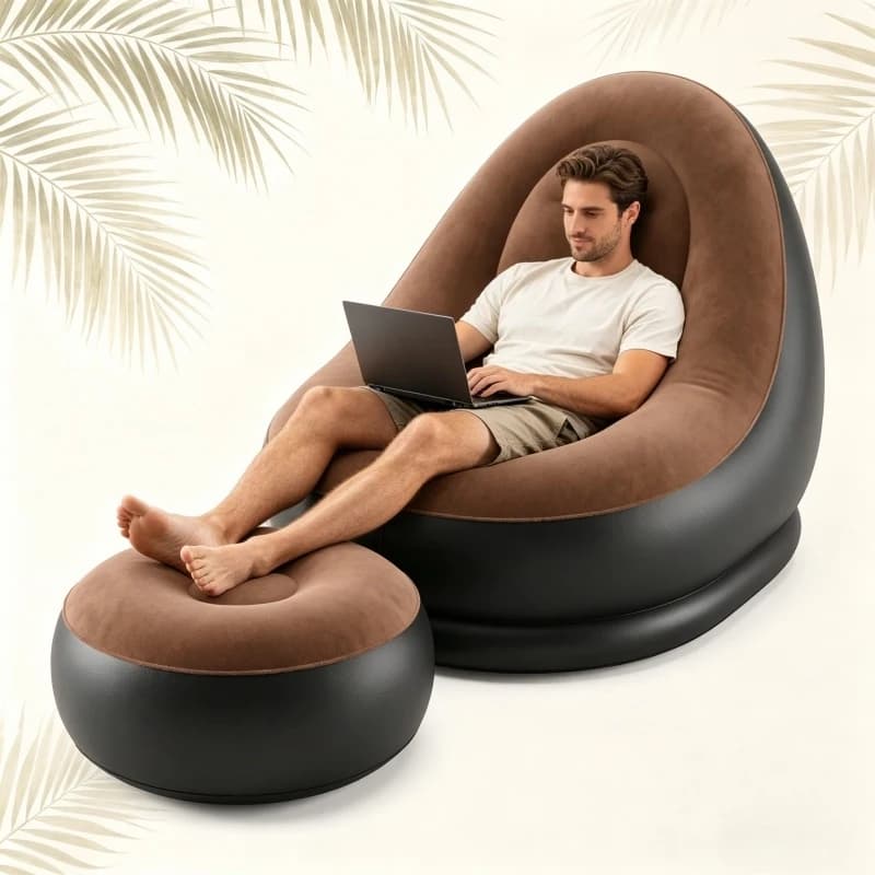 Poltrona Gonfiabile Pigra in PVC Floccato con Poggiapiedi, Divano Pieghevole Portatile per Campeggio Esterno, Divano ad Aria per Casa e Giardino, Uso Quotidiano