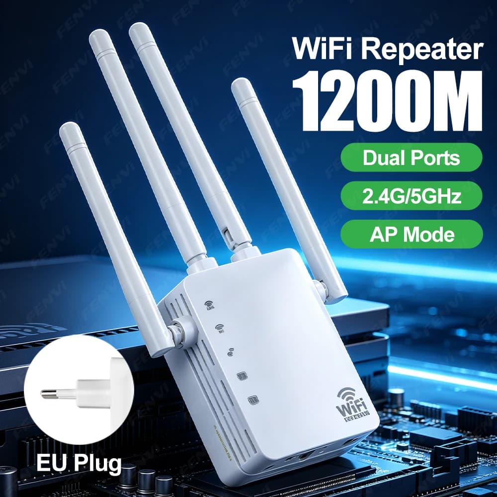 AC1200 WiFi Repeater Dual Band 2.4G/5GHz 1200Mbps Range Extender with Dual Ports AP Mode EU Plug for Home Router
