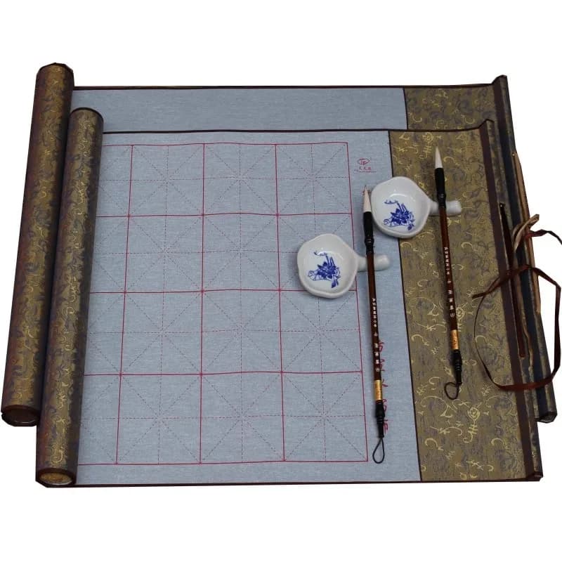 Chinese Calligraphy Water Writing Cloth Set, Reusable Xuan Paper Style, with Grid Lines, Brush & Water Dish for Beginners/Kids/