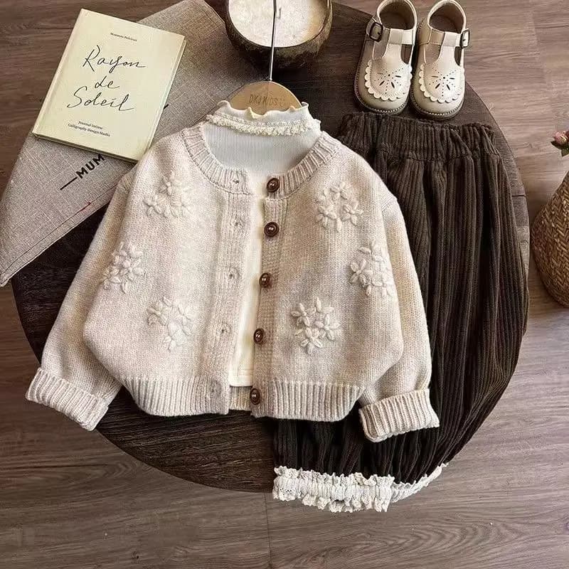 Girls Sweater Jacket Spring and Autumn 2026 New Children Knitted Cardigan Baby Girls Forest Style Three Piece Set for Girls