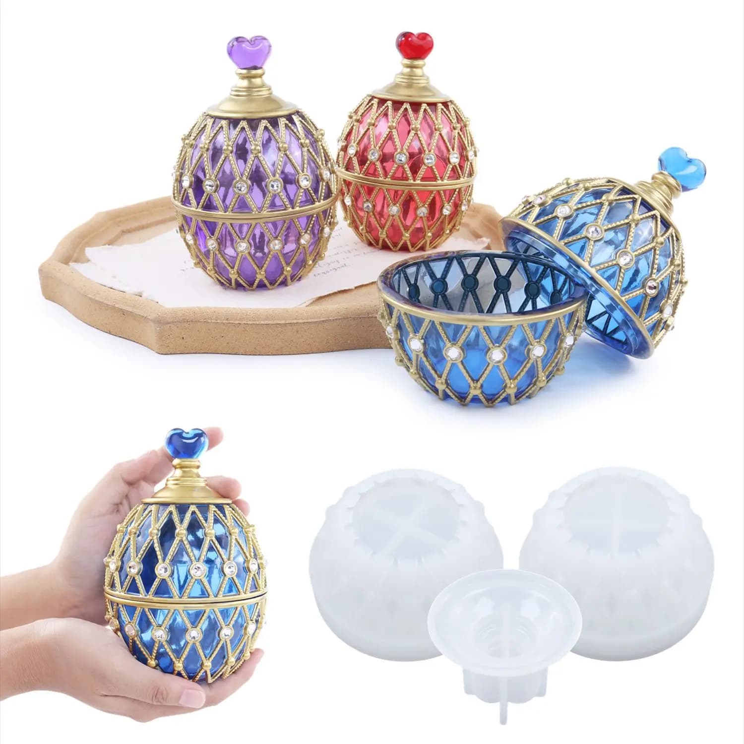 Two Styles DIY Set Crystal Epoxy Resin Mold Storage Box Egg Shaped Pasta Diamond Love Jewelry Box Storage Mold in Silicone