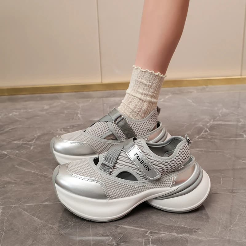 Scarpe sportive casual da donna con fondo spesso e inserti in mesh traspirante, modello Mary Jane sottile con chiusura a strappo, ideali per il tempo libero
