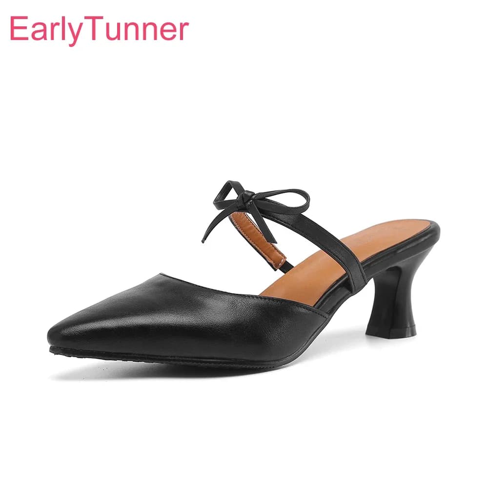 New Summer Fashion Black Apricot Women Causal Mules Pointed Toe High Heel Lady Nude Shoes Plus Big Small Size 31 43 46