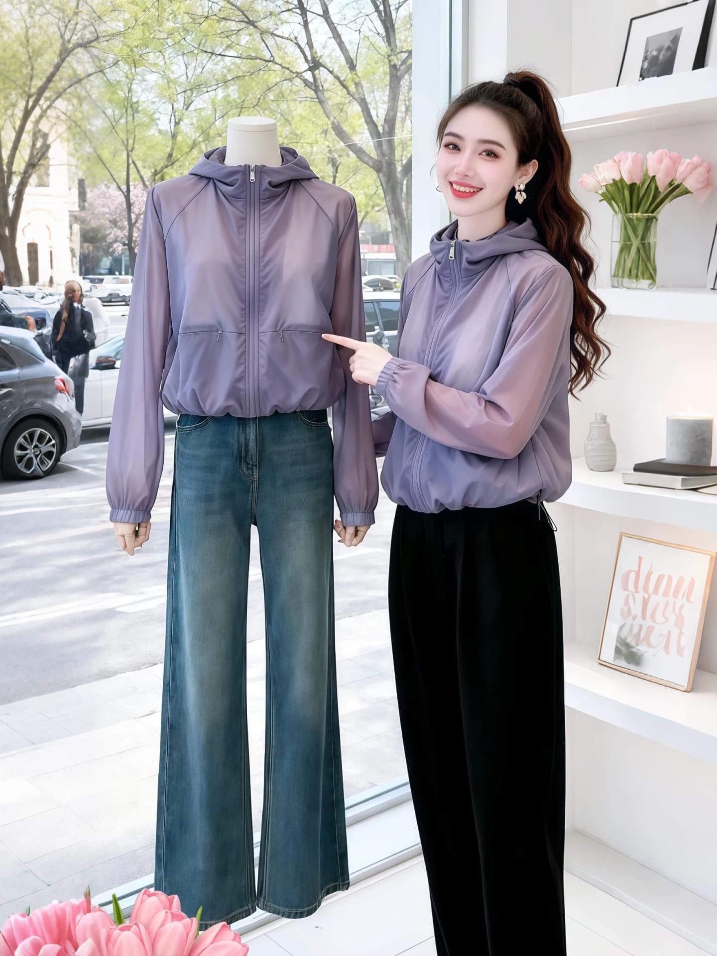 Fashionable Light Weighted Sun Protection Hooded Jacket Elegant Casual Style Long Sleeve Zipper Closure Women's Outerwear