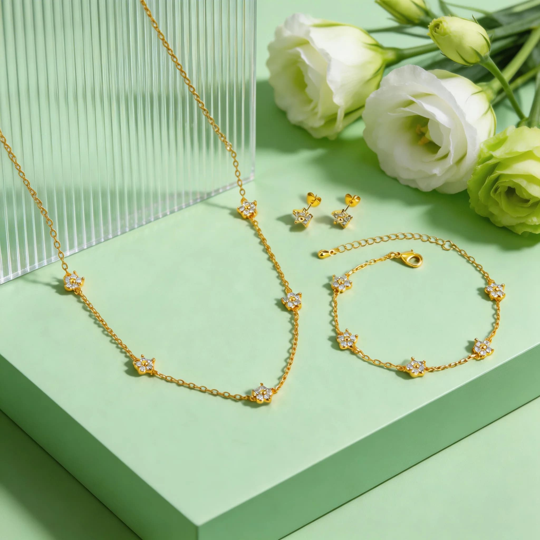 Raffinato Braccialetto con Fiore a Cinque Petali in Zircone per Donne, Placcato Oro, Bracciali Portafortuna, Gioiello di Lusso da Regalo