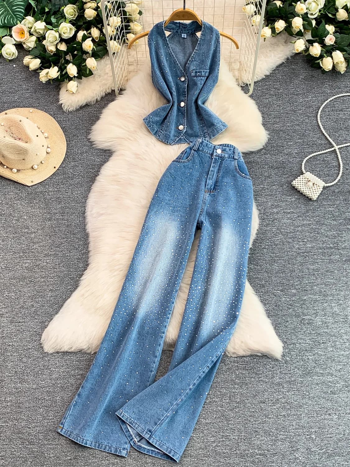 Fashionable Denim Sleeveless Vest Top And High Waist Wide Leg Pants Two Piece Set Women's Spring Summer Casual Commute Style
