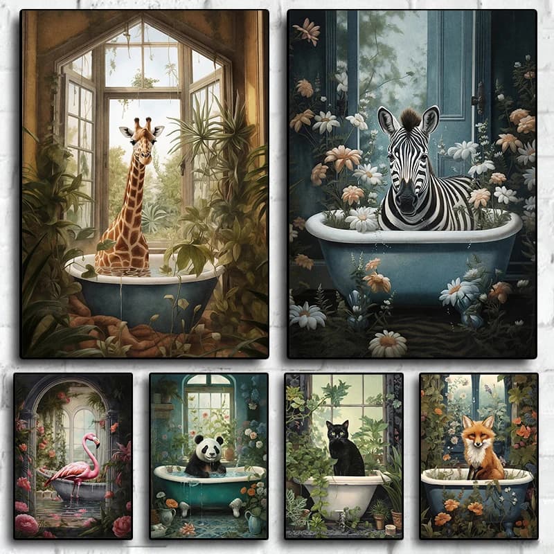 Animali vasca da bagno gatto cane giraffa vasca fiore Vintage Poster gotico Dark Academia Wall Art stampa dipinti su tela arredamento bagno