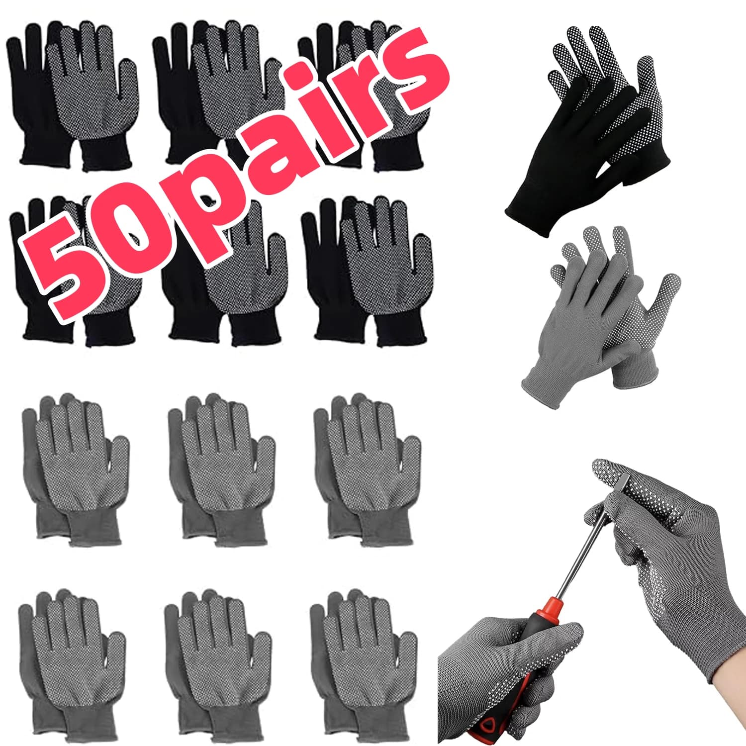 50pairs Dexterity Durable Anti-slip Work Gloves Dot Grip Touch-Screen Nylon Outdoor Cycling Work Fitness Breathable Men Women