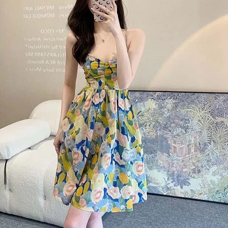 Beach Style Broken Flowers stampato Slip Dress Summer Fashion Sexy Backless Bandage abbigliamento donna Vintage Folds Mini abiti