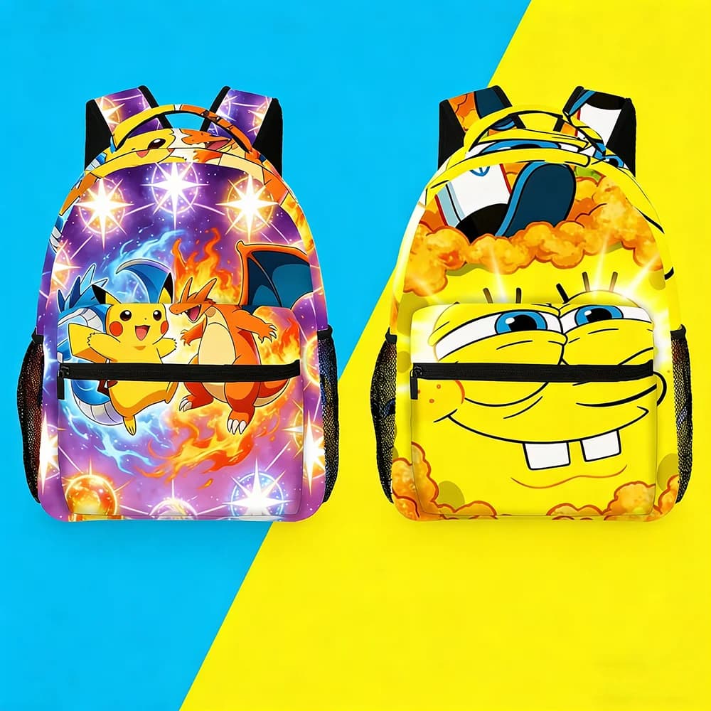Zaino Scolastico con Personaggi dei Cartoni Animati, Stampa Pikachu Charizard Spongebob, Borsa Colorata per Studenti