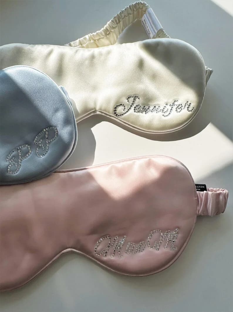 Silk Eye Mask with Custom Name, 22 Moms, 100% Frost Silk, Sleeping Mask with Custom Rhinestones, Gift for Bridesmaid, Night Clothing for Nubilate Farewell
