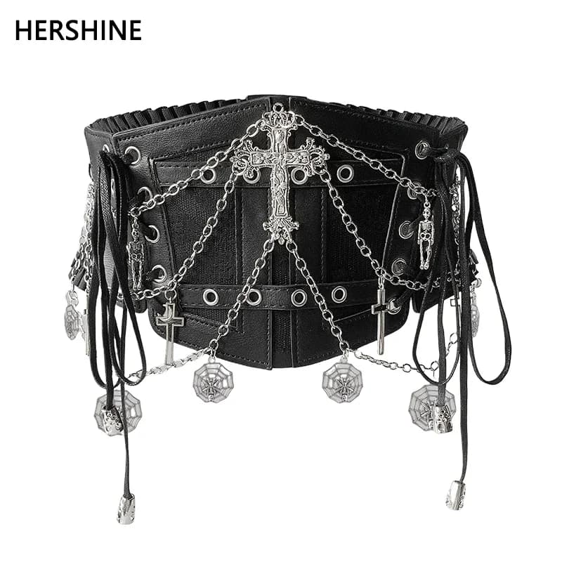 HERSHINE Cintura larga elastica con catena a teschio a ragnatela incrociata alla moda da donna, cosplay in stile punk gotico Harajuku Y2K, primavera, estate