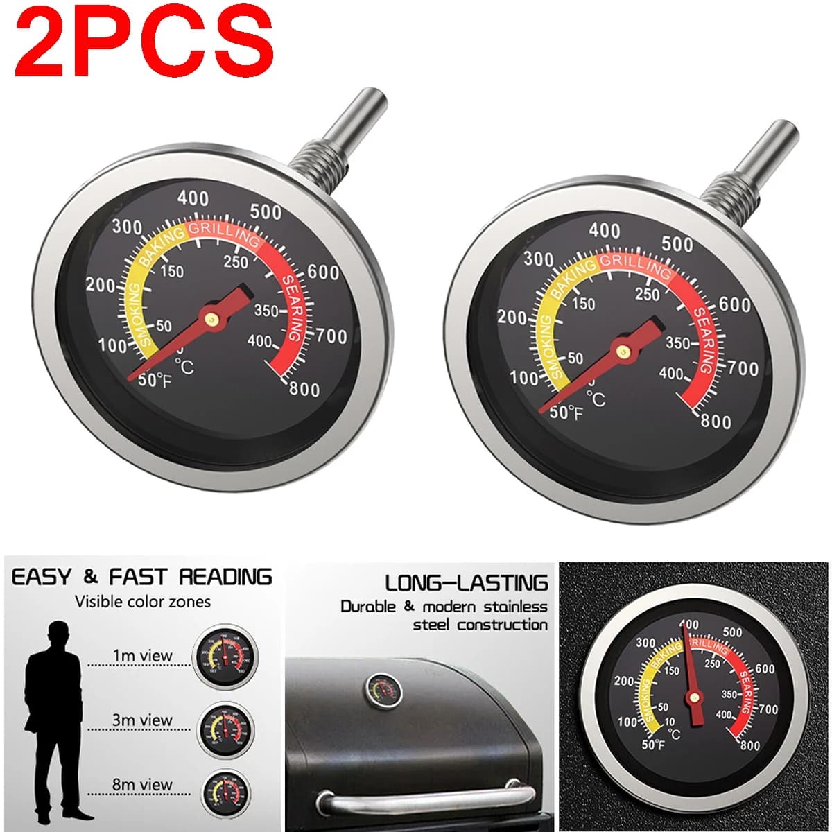 Termometro con indicatore di temperatura in acciaio da 2 pezzi per barbecue, barbecue, grill, fumatore, termostato, termometro di ricambio, accessorio per carne per barbecue
