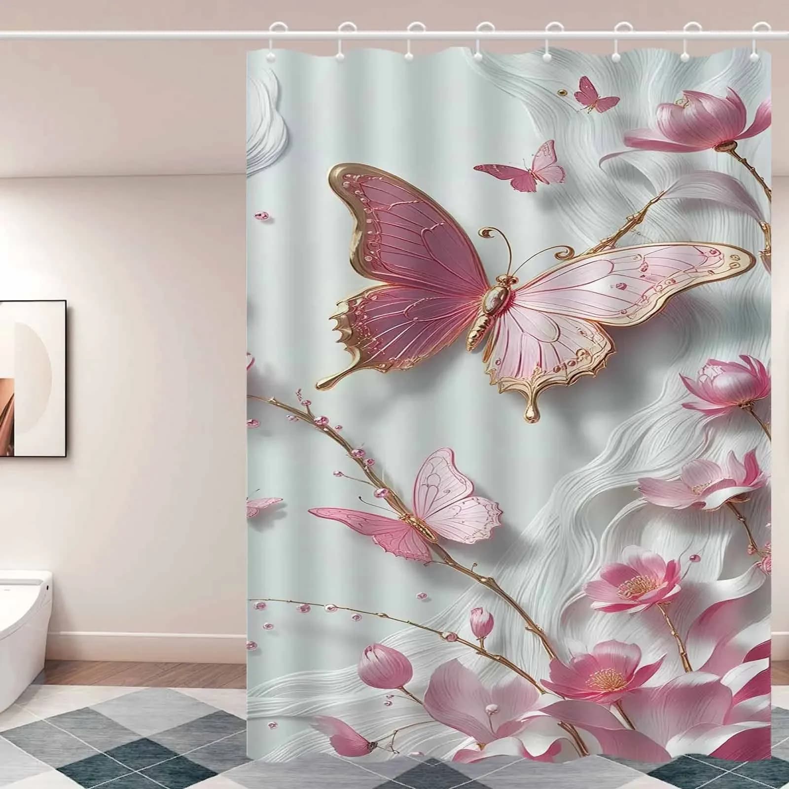 Tenda da doccia 1 pezzo con farfalla rosa e floreale - Rilievo 3D, poliestere resistente all'acqua, design artistico, 12 ganci, lavabile in lavatrice