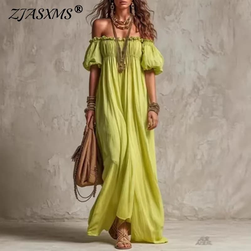 Boho Spring Sexy Off Shoulder Maxi Dress Women's Puff Sleeve Ruffle Elastic Waist Flowy Long Dresses Summer Beach Vacation Dress