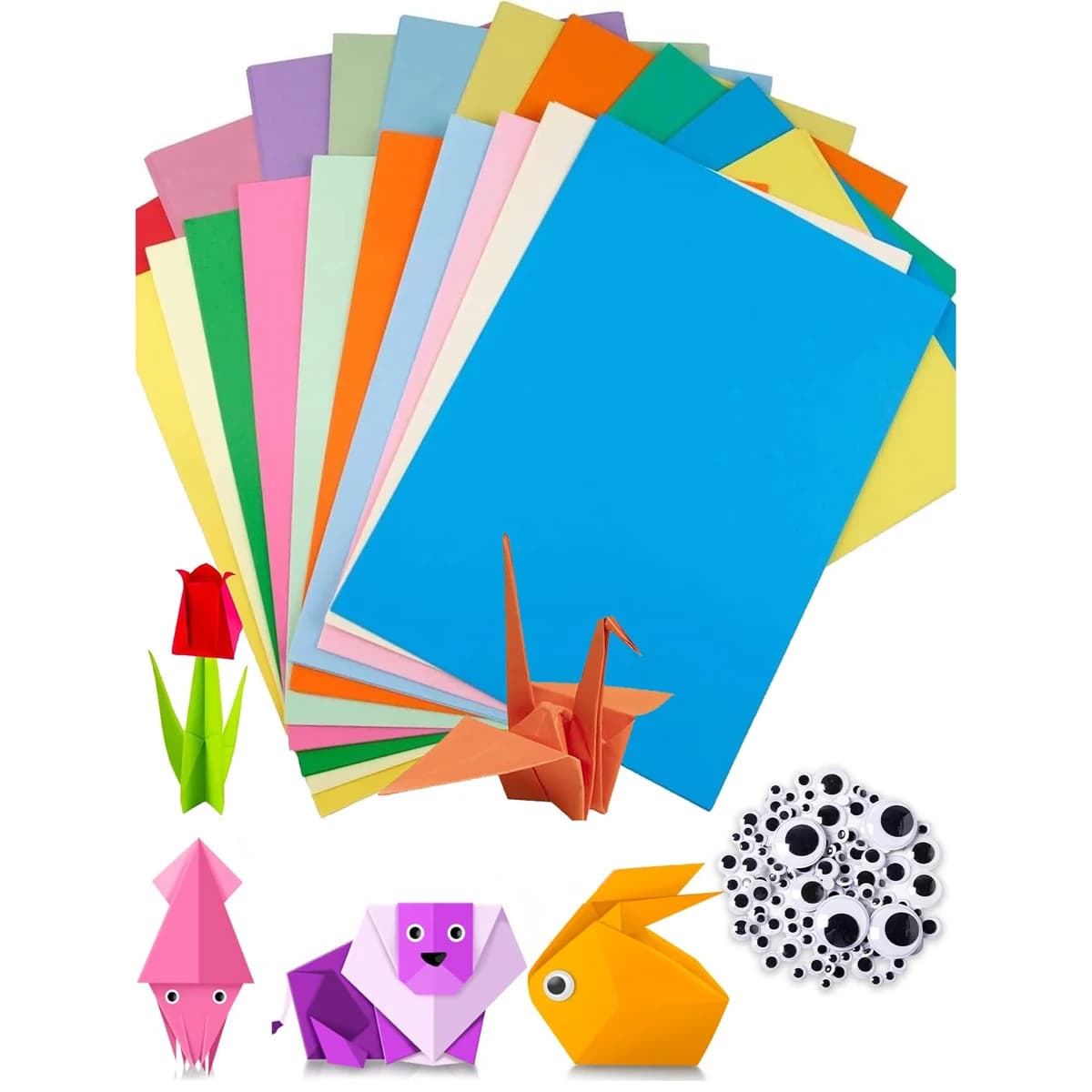 50Pcs Craft Origami Paper Kit with 100Pcs Different Size Googly Eyes, for DIY Handmade Crafts Projects Art Scrapbooking
