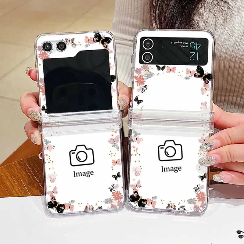 Custodia per telefono personalizzata con cornice floreale fai-da-te per Samsung Galaxy Z Flip 7 FE 7 6 5 4 3 5G Immagine di design Nome Cover per PC pieghevole trasparente