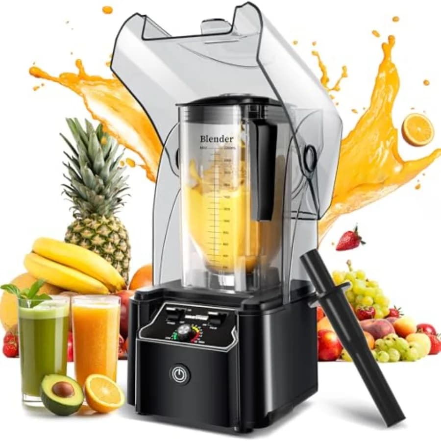 Professional Commercial Blender with Soundproof Shield, 2200W, Black, Industrial Power, Self-cleaning, Robust and Silent