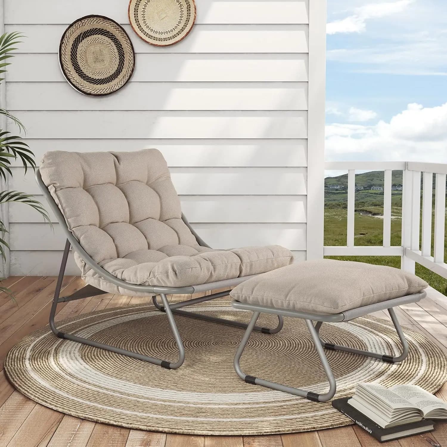 #Outdoor Lounge Chair & Foot Stool, Sling Recliner with Cushion, Patio Furniture for Porch Deck Garden, Gray, Customized